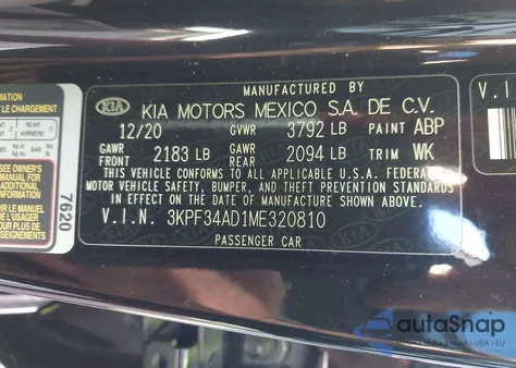 2021 Kia Forte Gt-Line z USA, uszkodzony, nr VIN 3KPF34AD1ME320810